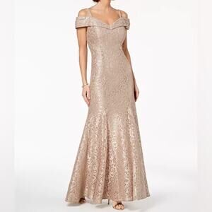 R & M Richards Off-Shoulder Lace Gown in Gold